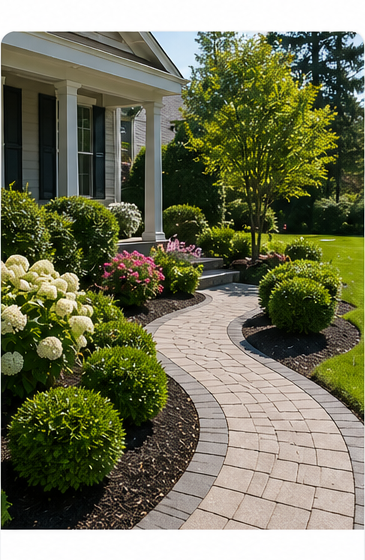 Formal residential landscaping with manicured hedges and clean lines